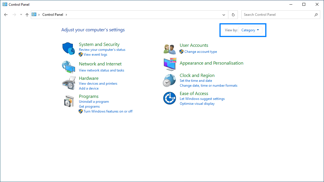 Screenshot of the Control Panel in Category view in Windows Server 2022 and Windows 11