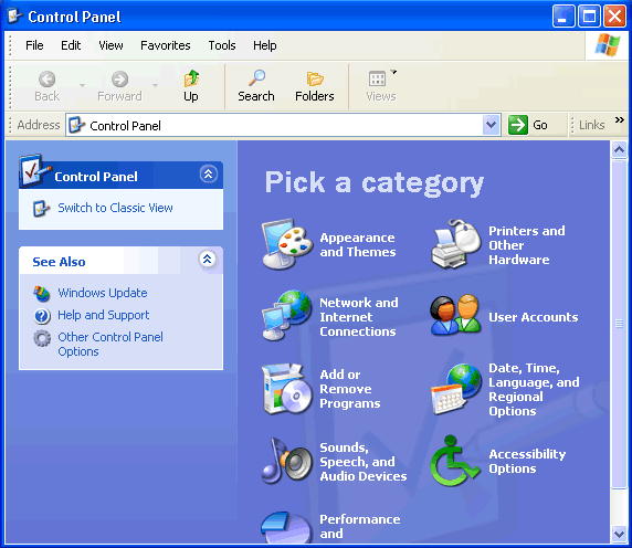 Screenshot of the Windows XP Control Panel in XP SP3